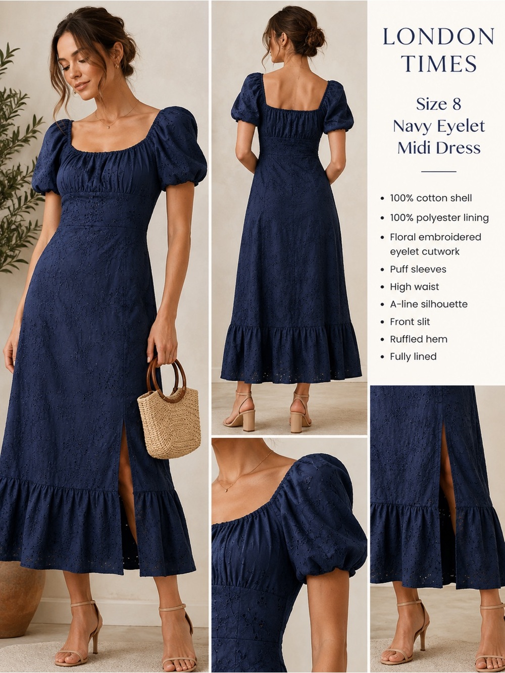 London Times Size 8 Navy Eyelet Midi Dress Puff Sleeve Ruffle Hem